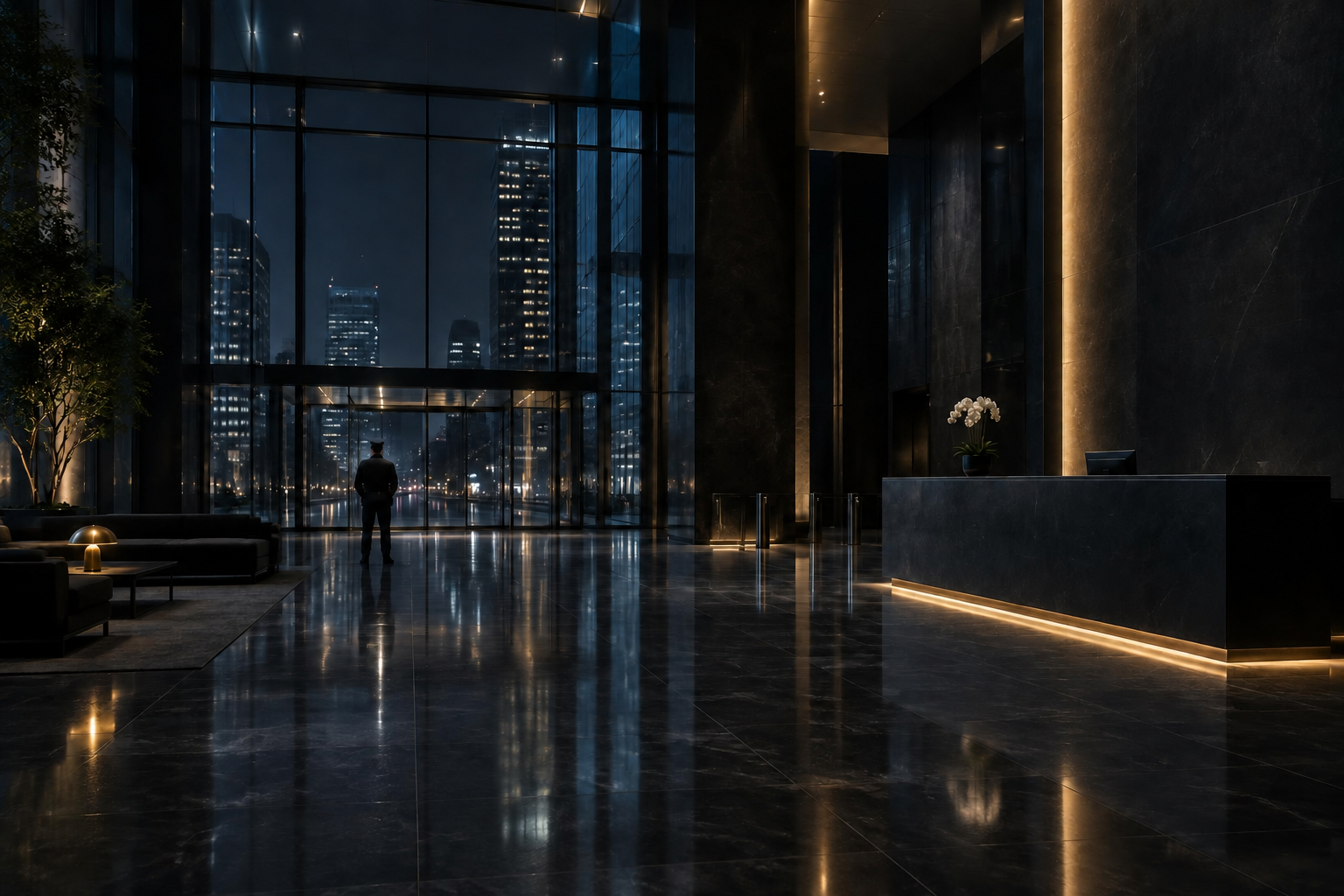 A dark corporate lobby at night with a single security officer at the glass wall