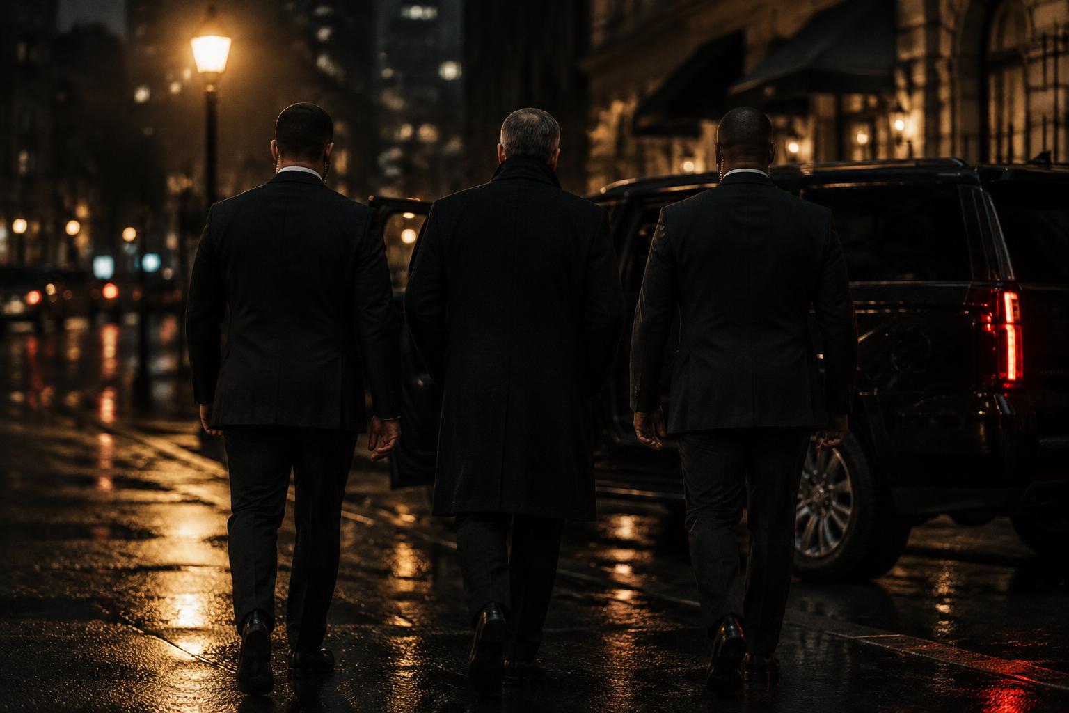 Protection agents walking a client toward a vehicle at night