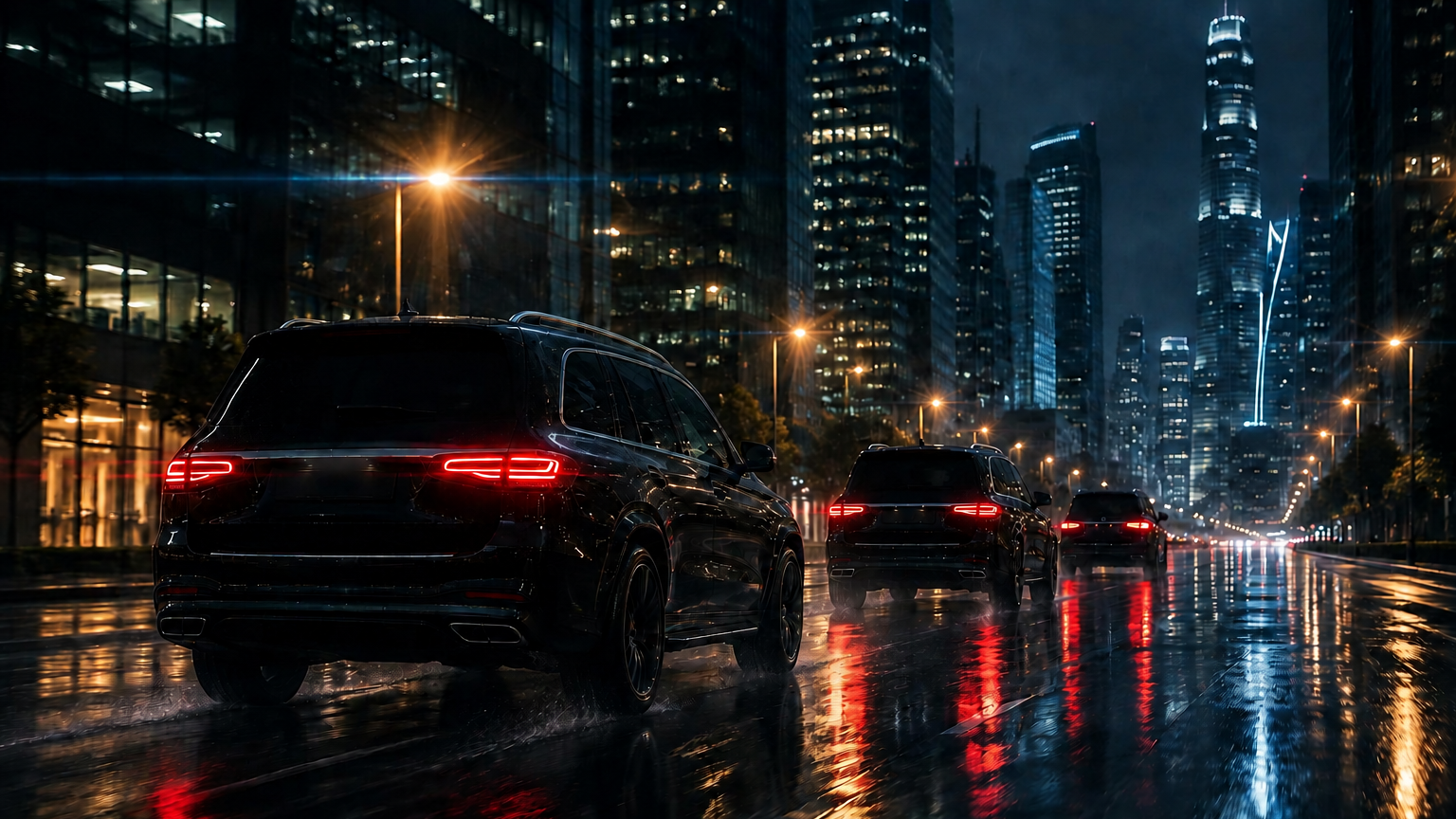 A convoy of dark SUVs on a rain-slicked city street at night